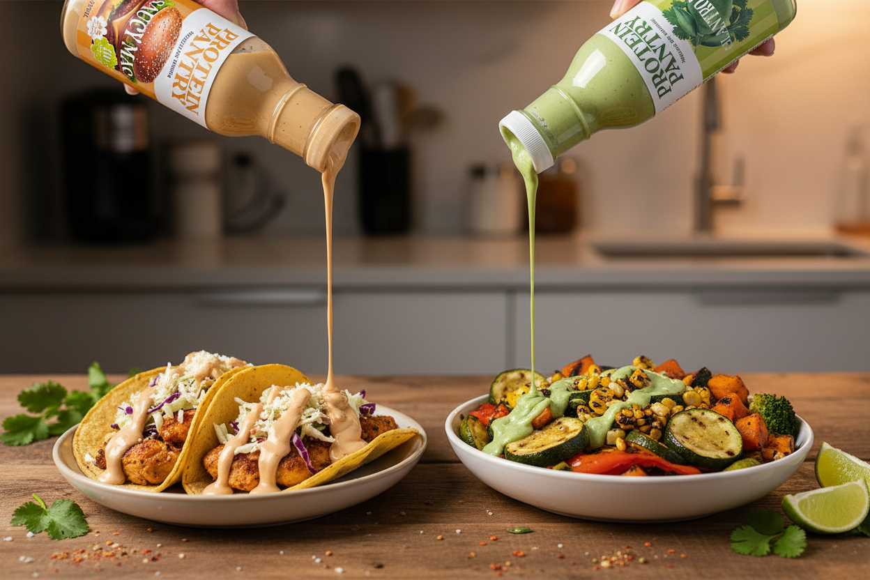 Sauces being poured on food - variation 2