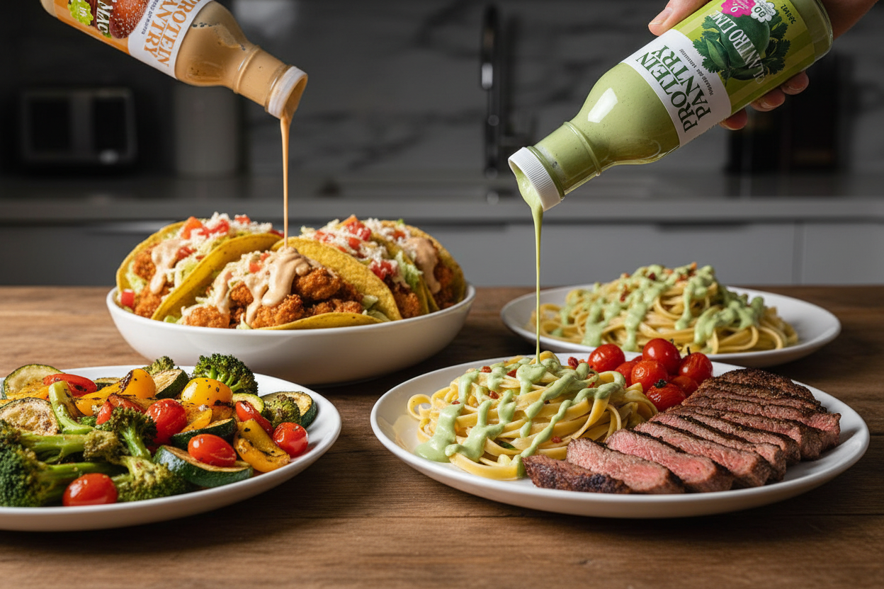 Sauces being poured on food